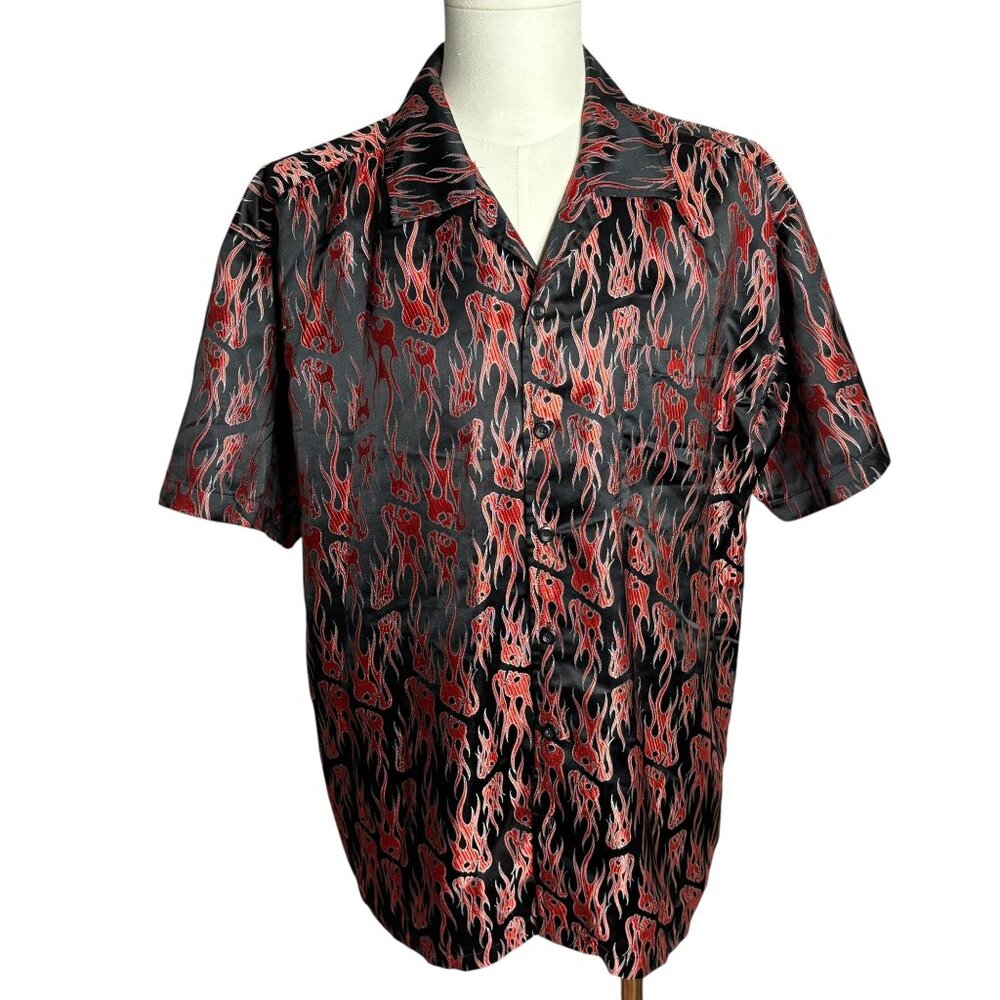 Vintage Y2K Button Up Embroidered Club Shirt L Black Red Flames Skulls Camp